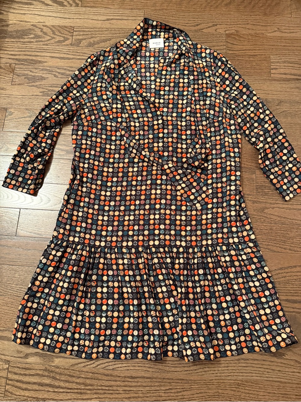 Akris Punto Women’s Multi Color Silk Dress With Neck Tie, Size 14